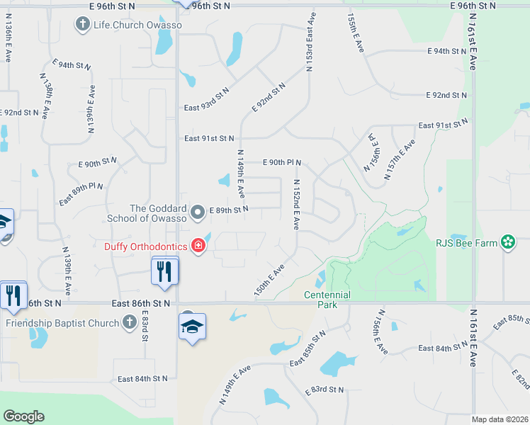 map of restaurants, bars, coffee shops, grocery stores, and more near 15005 East 89th Street North in Owasso