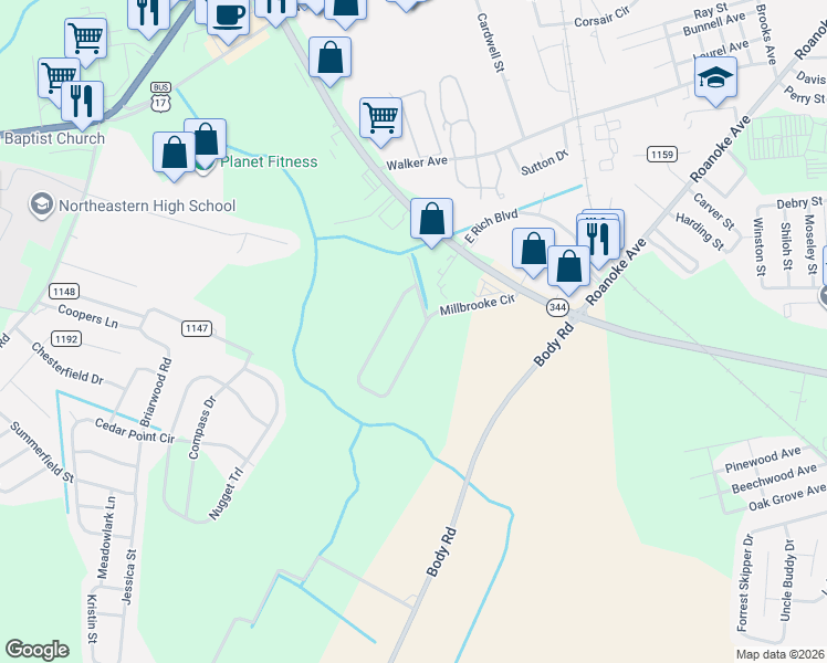 map of restaurants, bars, coffee shops, grocery stores, and more near 508 Millbrooke Circle in Elizabeth City