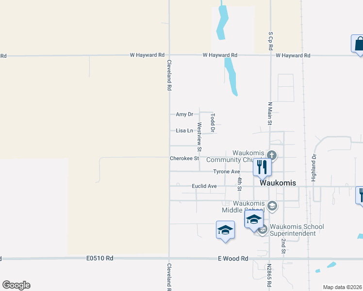 map of restaurants, bars, coffee shops, grocery stores, and more near 611 Lisa Lane in Waukomis