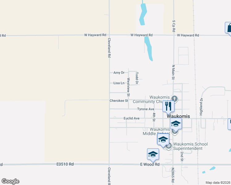 map of restaurants, bars, coffee shops, grocery stores, and more near 611 Lisa Lane in Waukomis