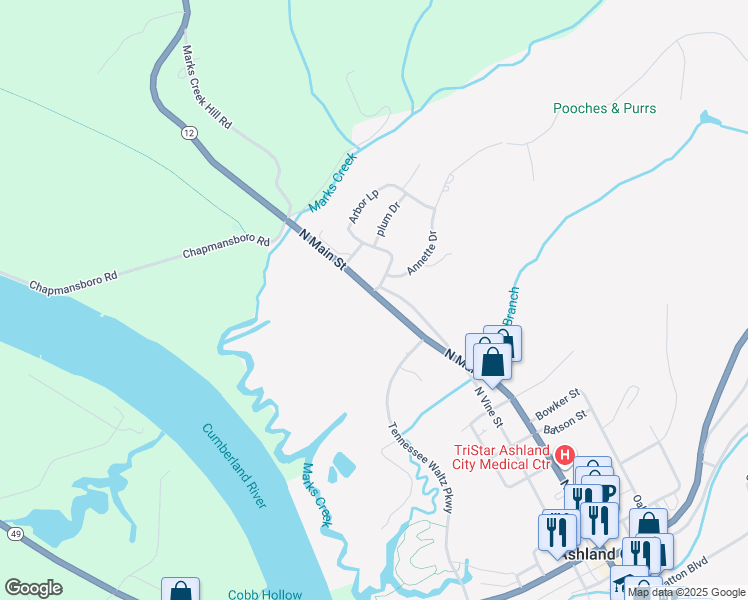 map of restaurants, bars, coffee shops, grocery stores, and more near 1094 Tennessee 12 in Ashland City