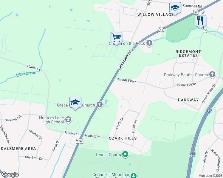 map of restaurants, bars, coffee shops, grocery stores, and more near 1416 Dickerson Road in Goodlettsville
