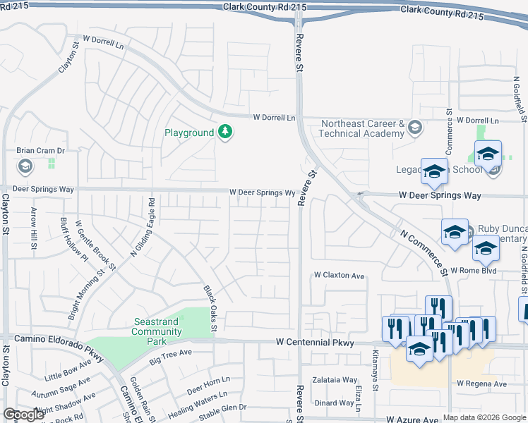 map of restaurants, bars, coffee shops, grocery stores, and more near 909 Old Creek Way in North Las Vegas