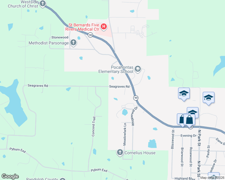 map of restaurants, bars, coffee shops, grocery stores, and more near 2055 Seagraves Road in Pocahontas