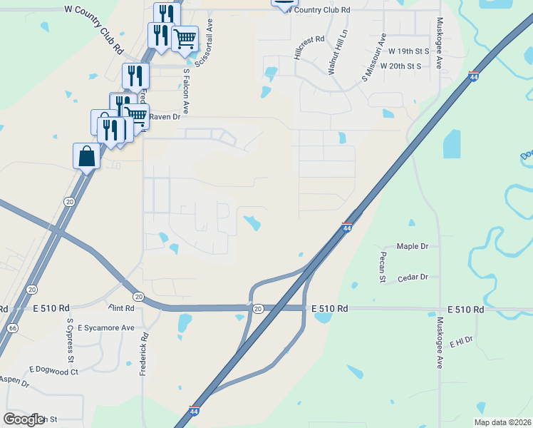 map of restaurants, bars, coffee shops, grocery stores, and more near 1610 Fox Run Drive in Claremore