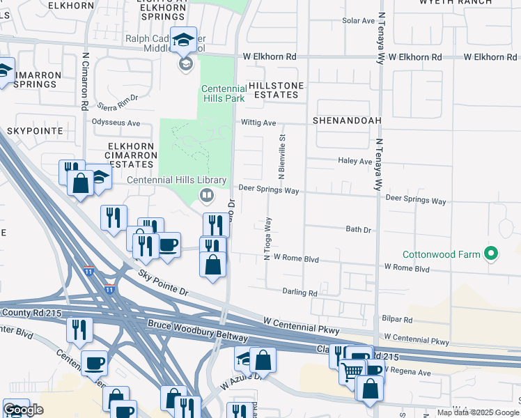 map of restaurants, bars, coffee shops, grocery stores, and more near 6735 North Tioga Way in Las Vegas