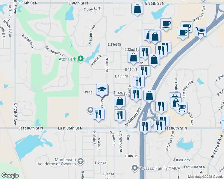 map of restaurants, bars, coffee shops, grocery stores, and more near 1667 North Birch Street in Owasso