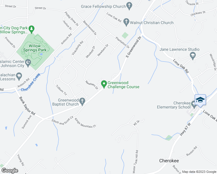 map of restaurants, bars, coffee shops, grocery stores, and more near 2913 South Greenwood Drive in Johnson City