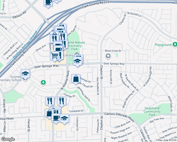 map of restaurants, bars, coffee shops, grocery stores, and more near 2135 Saddlebill Court in North Las Vegas