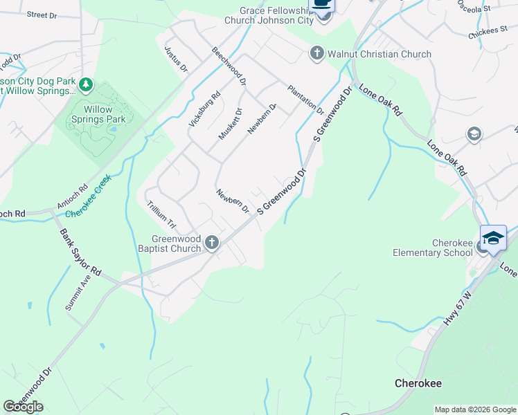 map of restaurants, bars, coffee shops, grocery stores, and more near 2913 South Greenwood Drive in Johnson City