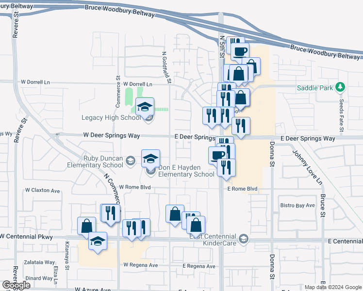map of restaurants, bars, coffee shops, grocery stores, and more near 41 Silsbee Court in North Las Vegas