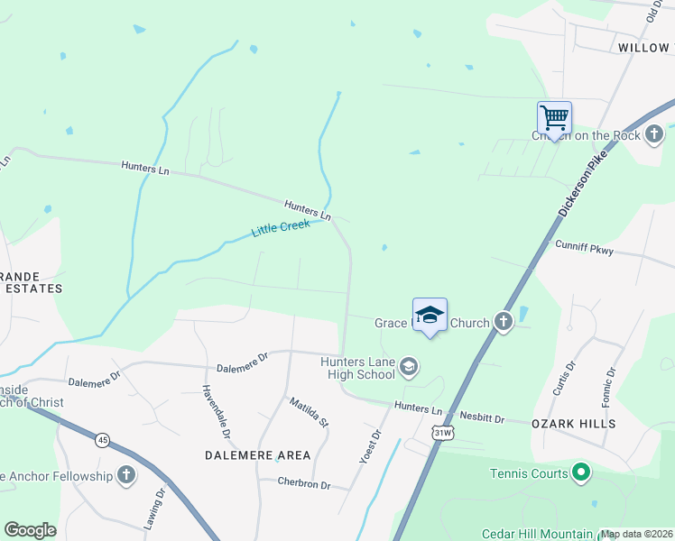 map of restaurants, bars, coffee shops, grocery stores, and more near 1315 Hunters Lane in Nashville