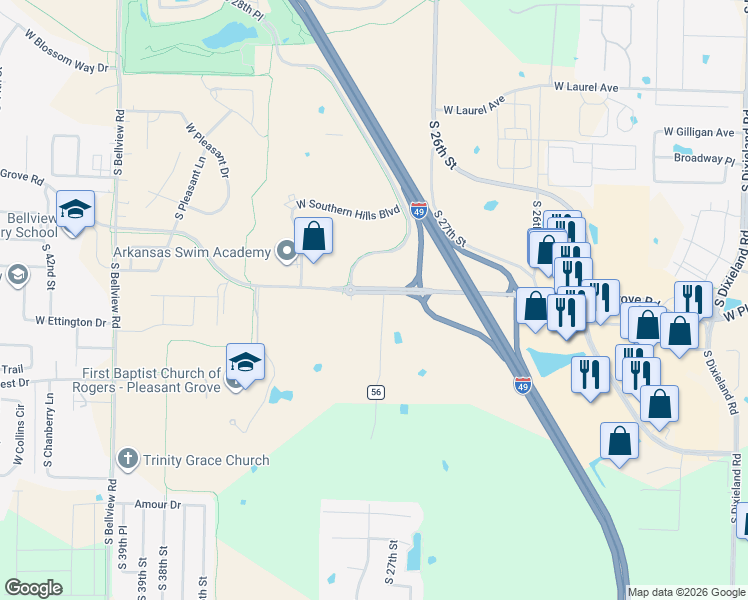 map of restaurants, bars, coffee shops, grocery stores, and more near 2821 West Pleasant Grove Road in Rogers
