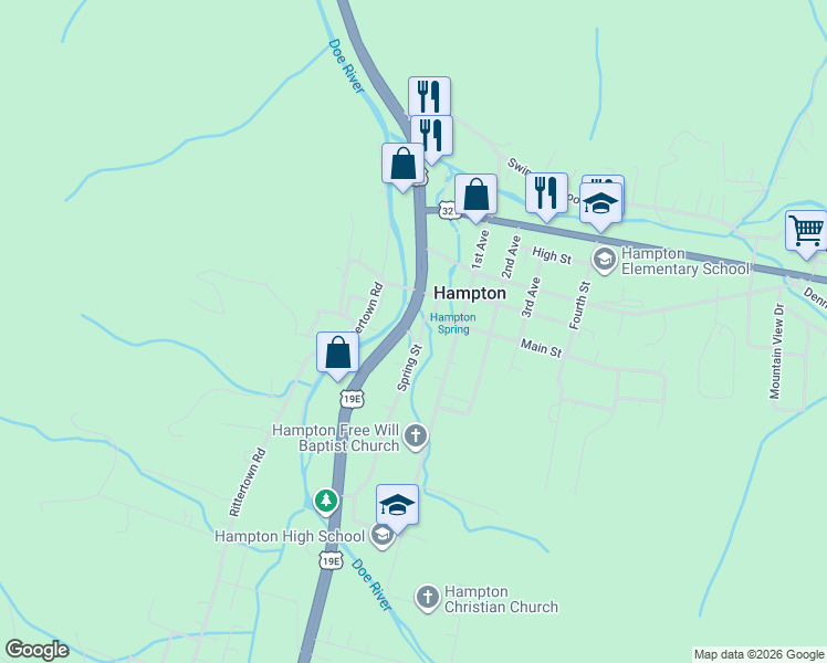 map of restaurants, bars, coffee shops, grocery stores, and more near 221 Spring Street in Hampton