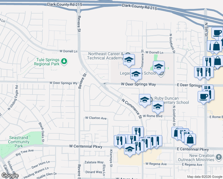 map of restaurants, bars, coffee shops, grocery stores, and more near 6741 Montezuma Castle Lane in North Las Vegas