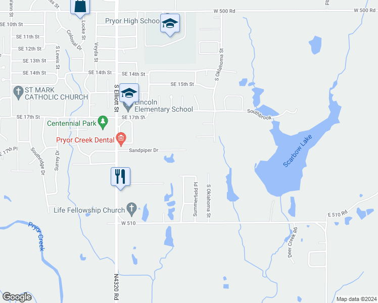 map of restaurants, bars, coffee shops, grocery stores, and more near 1101-1199 Sandpiper Dr in Pryor