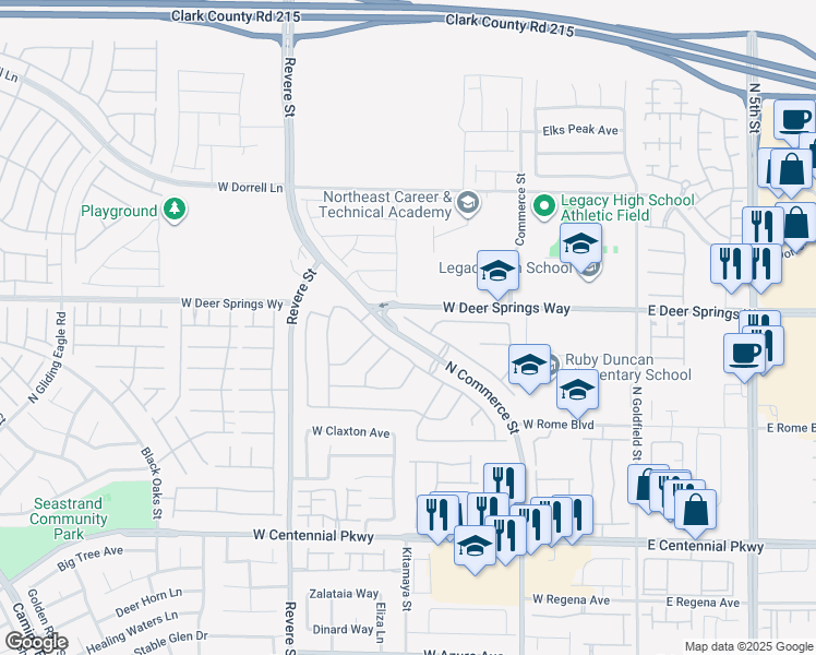 map of restaurants, bars, coffee shops, grocery stores, and more near 6729 Montezuma Castle Lane in North Las Vegas