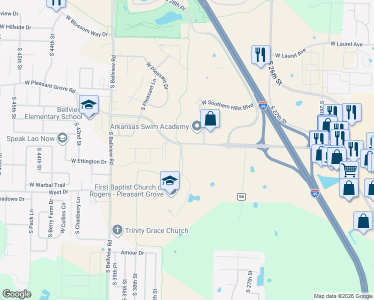 map of restaurants, bars, coffee shops, grocery stores, and more near 3450-3460 West Pleasant Grove Road in Rogers