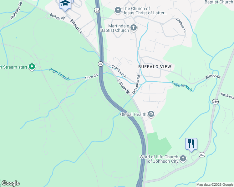 map of restaurants, bars, coffee shops, grocery stores, and more near 179 Old Watson Road in Johnson City