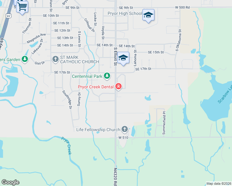 map of restaurants, bars, coffee shops, grocery stores, and more near 1101 Sandpiper Drive in Pryor