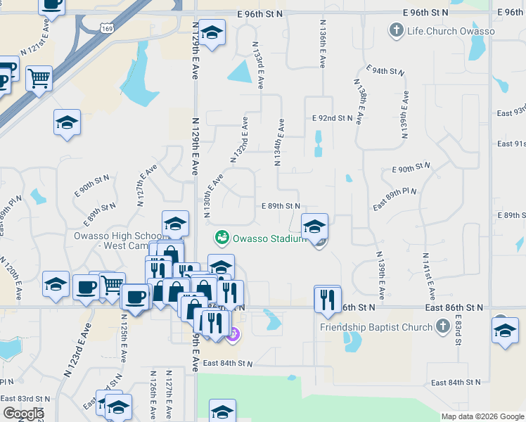 map of restaurants, bars, coffee shops, grocery stores, and more near 13306 East 89th Street North in Owasso