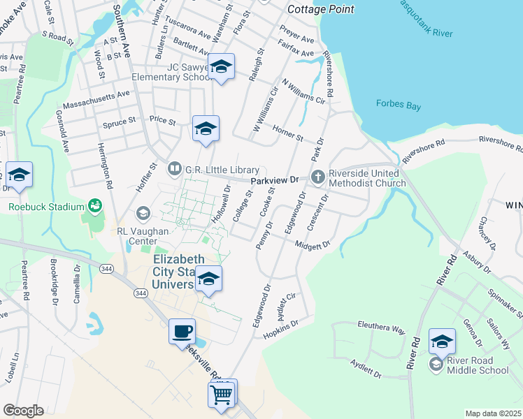 map of restaurants, bars, coffee shops, grocery stores, and more near 1417 Cooke Street in Elizabeth City
