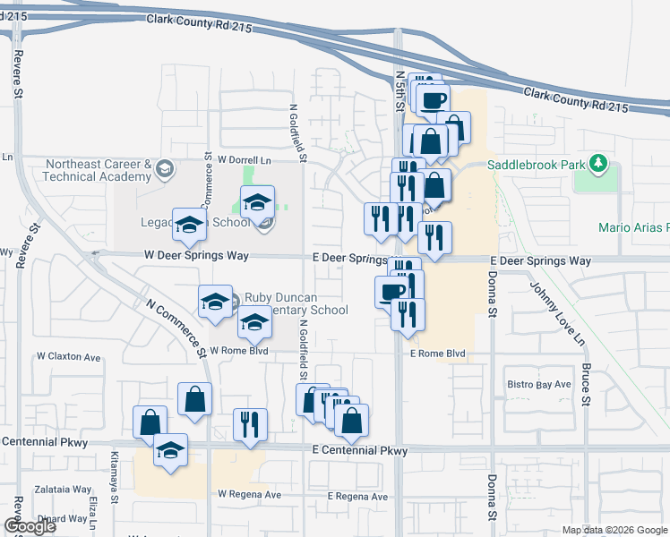 map of restaurants, bars, coffee shops, grocery stores, and more near 41 Silsbee Court in North Las Vegas