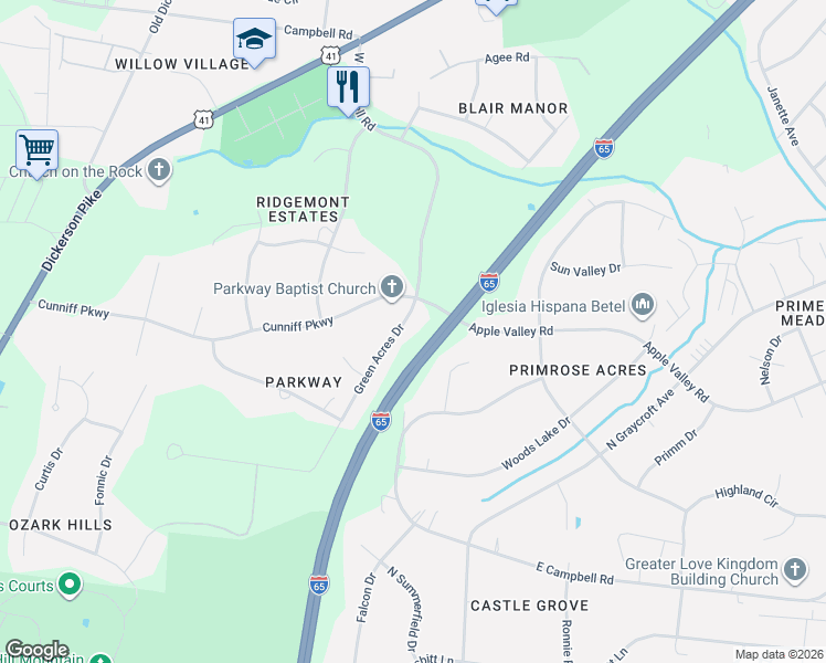 map of restaurants, bars, coffee shops, grocery stores, and more near 313 Green Acres Drive in Goodlettsville