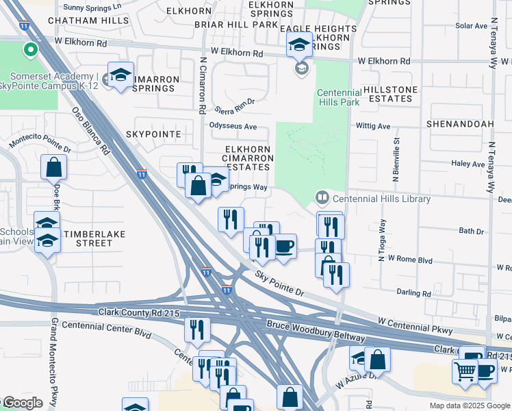 map of restaurants, bars, coffee shops, grocery stores, and more near 7855 Deer Springs Way in Las Vegas