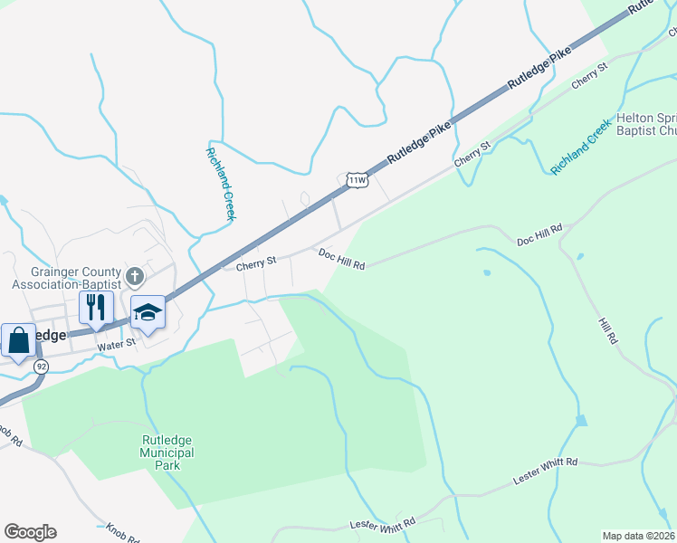 map of restaurants, bars, coffee shops, grocery stores, and more near 136 Doc Hill Road in Rutledge