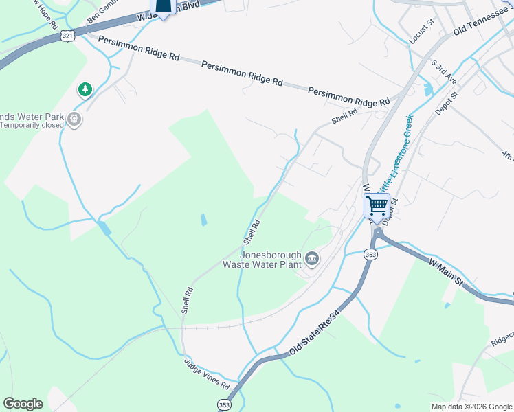 map of restaurants, bars, coffee shops, grocery stores, and more near 1222 Shell Road in Jonesborough