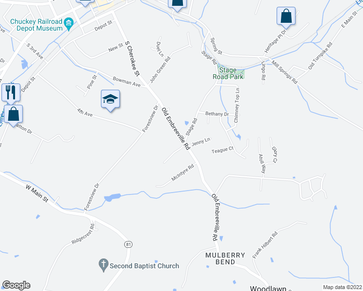 map of restaurants, bars, coffee shops, grocery stores, and more near 125 Whispering Pines Road in Jonesborough