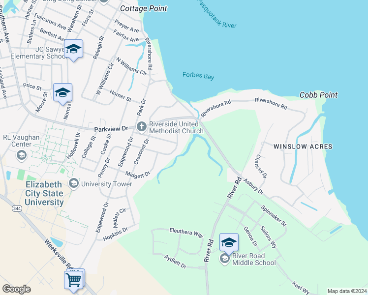 map of restaurants, bars, coffee shops, grocery stores, and more near 1422 Brothers Drive in Elizabeth City