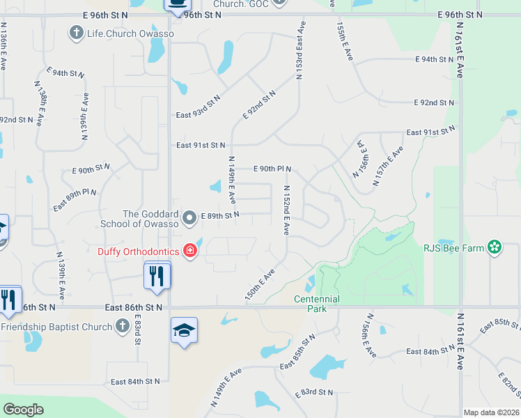 map of restaurants, bars, coffee shops, grocery stores, and more near 15005 E 89th Street North in Owasso