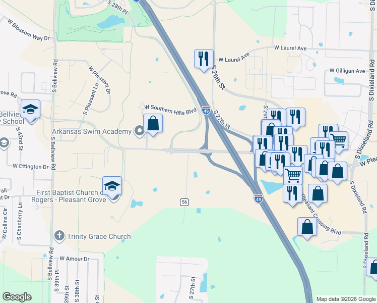 map of restaurants, bars, coffee shops, grocery stores, and more near 1401 South Mills Place in Rogers