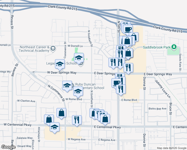 map of restaurants, bars, coffee shops, grocery stores, and more near 41 Silsbee Court in North Las Vegas