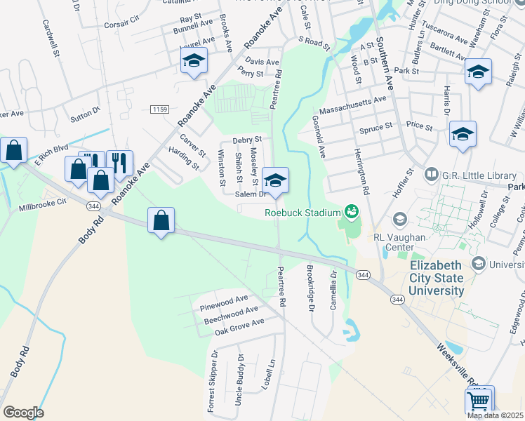 map of restaurants, bars, coffee shops, grocery stores, and more near 1407 Peartree Road in Elizabeth City