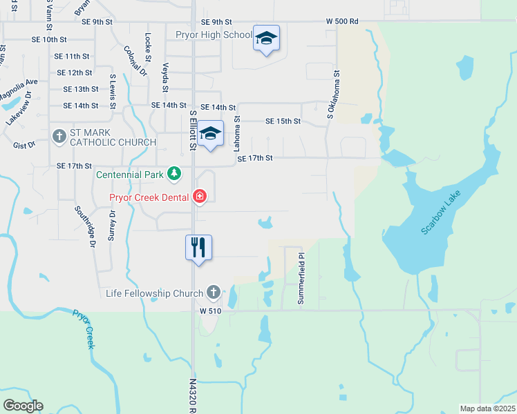 map of restaurants, bars, coffee shops, grocery stores, and more near 1109 Sandpiper Drive in Pryor