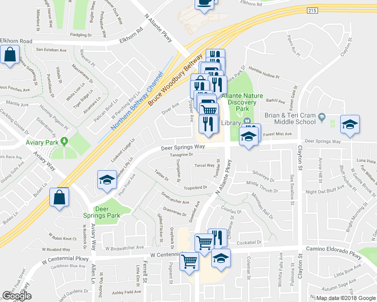 map of restaurants, bars, coffee shops, grocery stores, and more near 2816 Tanagrine Drive in North Las Vegas