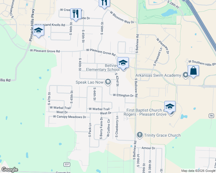 map of restaurants, bars, coffee shops, grocery stores, and more near 5604 S 43rd St in Rogers