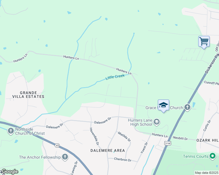 map of restaurants, bars, coffee shops, grocery stores, and more near 1269 Hunters Ln in Nashville