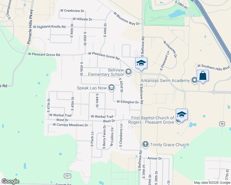 map of restaurants, bars, coffee shops, grocery stores, and more near 5604 South 43rd Street in Rogers