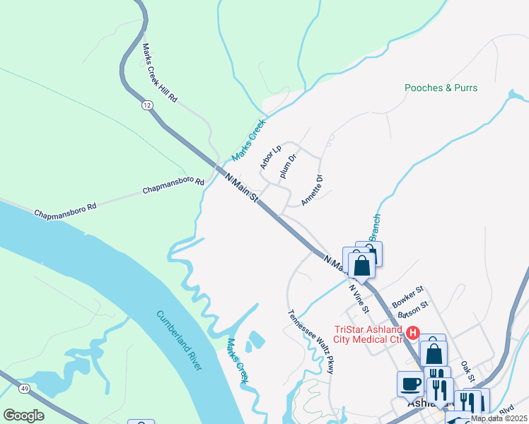 map of restaurants, bars, coffee shops, grocery stores, and more near 1104 North Main Street in Ashland City