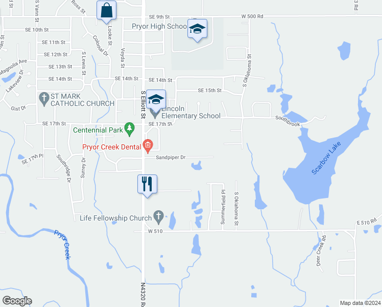 map of restaurants, bars, coffee shops, grocery stores, and more near 1111 Sandpiper Drive in Pryor