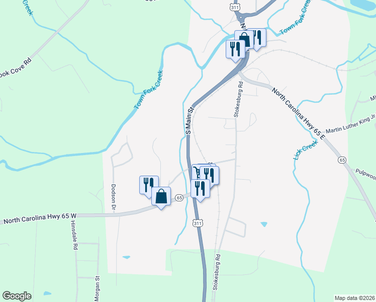 map of restaurants, bars, coffee shops, grocery stores, and more near North Carolina 65 in Walnut Cove