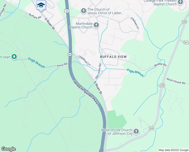 map of restaurants, bars, coffee shops, grocery stores, and more near 2654 Old Lewis Road in Johnson City
