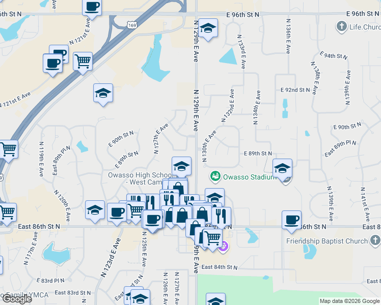 map of restaurants, bars, coffee shops, grocery stores, and more near 8821 North 128th East Avenue in Owasso