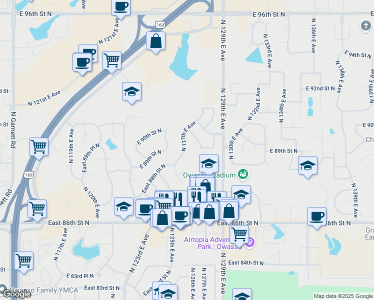 map of restaurants, bars, coffee shops, grocery stores, and more near 8809 North 127th East Avenue in Owasso