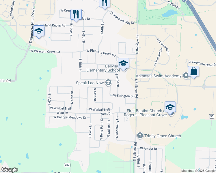 map of restaurants, bars, coffee shops, grocery stores, and more near 5604 South 43rd Street in Rogers
