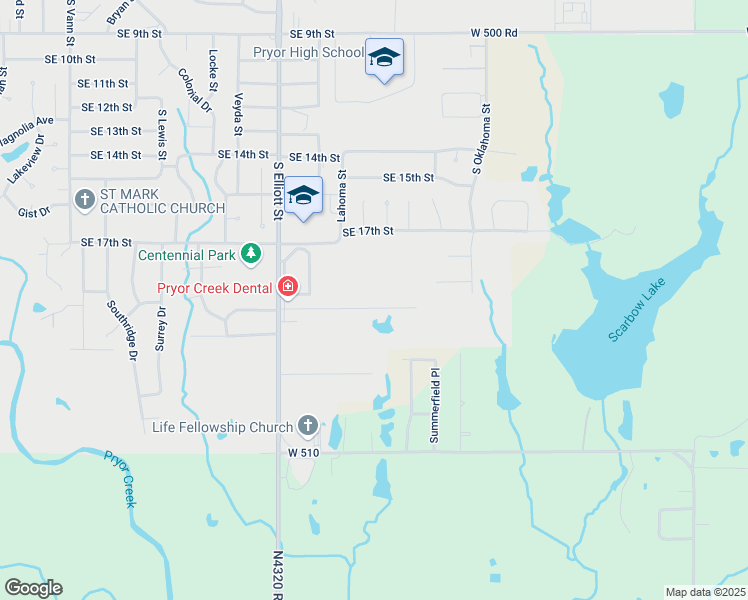 map of restaurants, bars, coffee shops, grocery stores, and more near 1109 Sandpiper Drive in Pryor